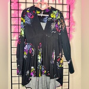 Free People Field Of Butterflies Tunic Top Black Swing Flowy Oversized